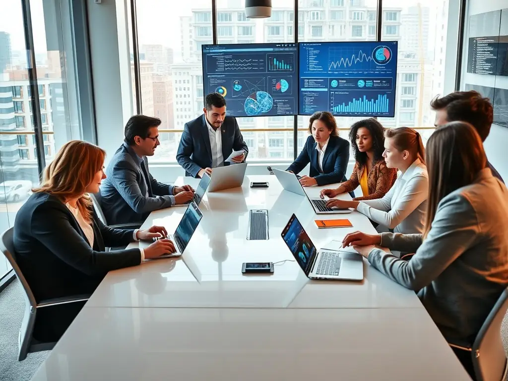 A diverse team collaborating in a modern workspace with AI tools.