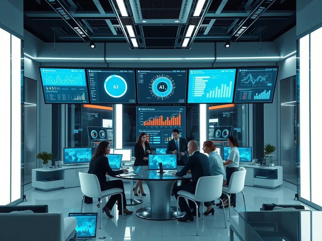 A futuristic office with AI-driven analytics on multiple screens.
