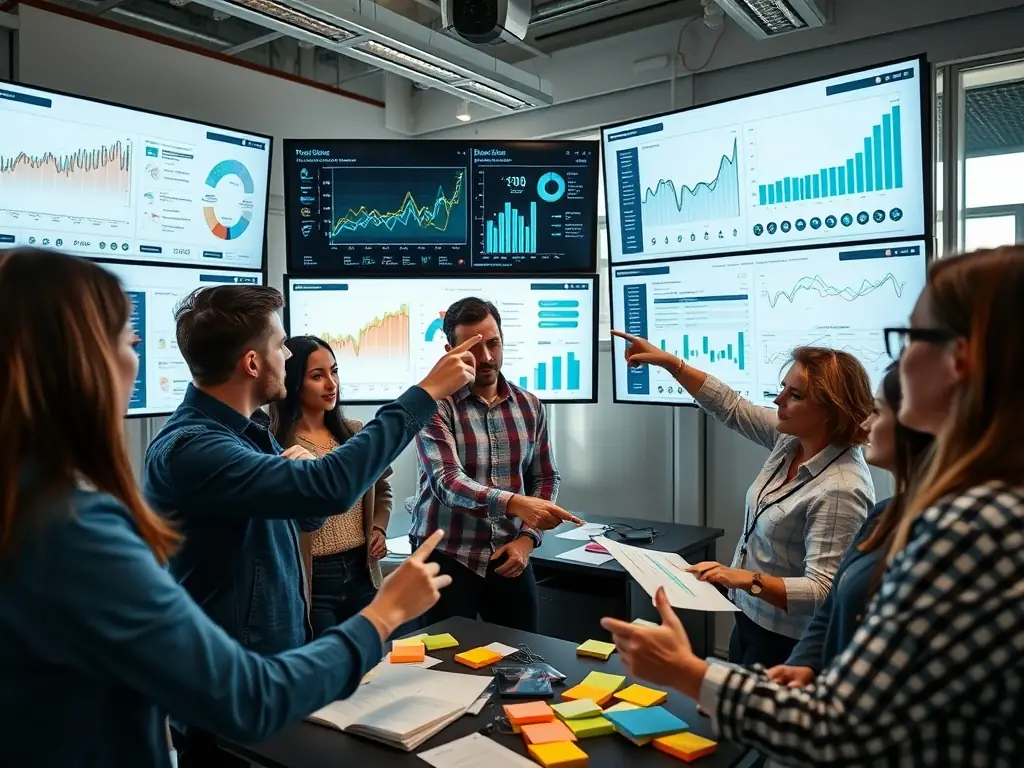 A digital marketing team analyzing data on multiple screens.